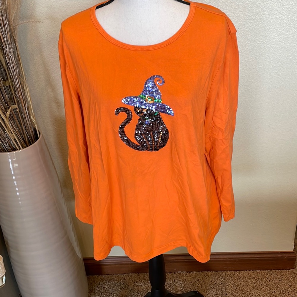 Vintage ERIKA Womens Size 1X Orange Halloween Sequin Sparkly Black Cat Witch Top